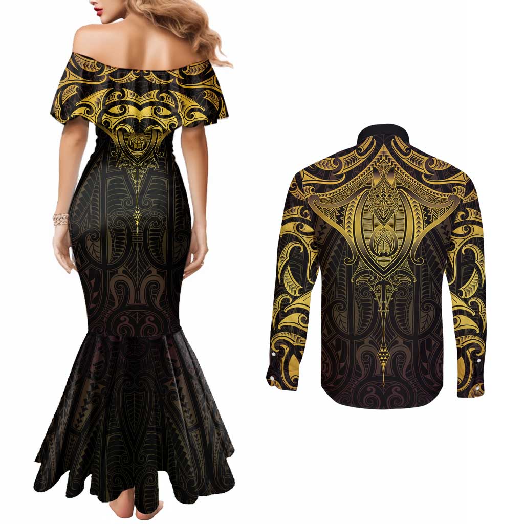 New Zealand Aotearoa Couples Matching Mermaid Dress and Long Sleeve Button Shirt Maori Manta Ray Moko Gold LT05 - Polynesian Pride