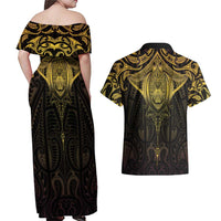 New Zealand Aotearoa Couples Matching Off Shoulder Maxi Dress and Hawaiian Shirt Maori Manta Ray Moko Gold LT05 - Polynesian Pride