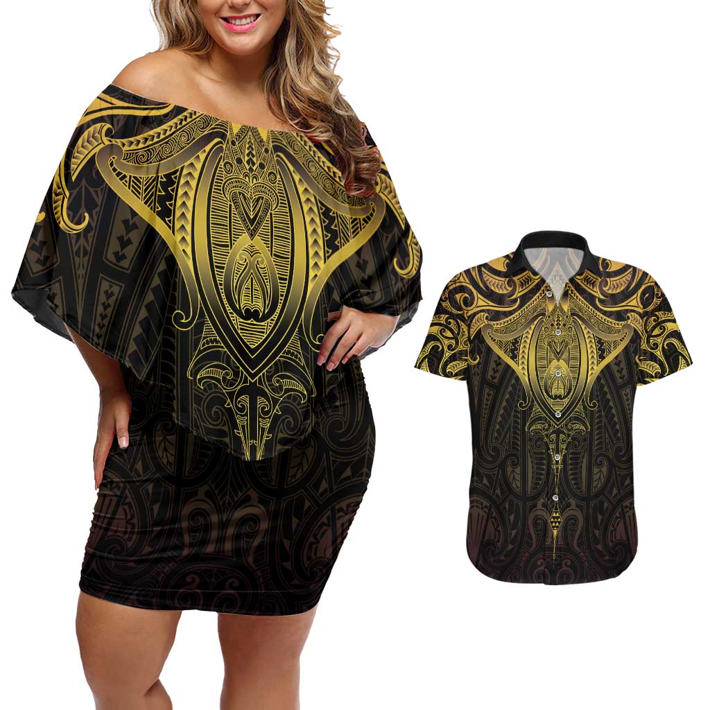 New Zealand Aotearoa Couples Matching Off Shoulder Short Dress and Hawaiian Shirt Maori Manta Ray Moko Gold LT05 Gold - Polynesian Pride