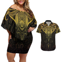 New Zealand Aotearoa Couples Matching Off Shoulder Short Dress and Hawaiian Shirt Maori Manta Ray Moko Gold LT05 Gold - Polynesian Pride