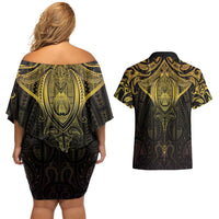 New Zealand Aotearoa Couples Matching Off Shoulder Short Dress and Hawaiian Shirt Maori Manta Ray Moko Gold LT05 - Polynesian Pride