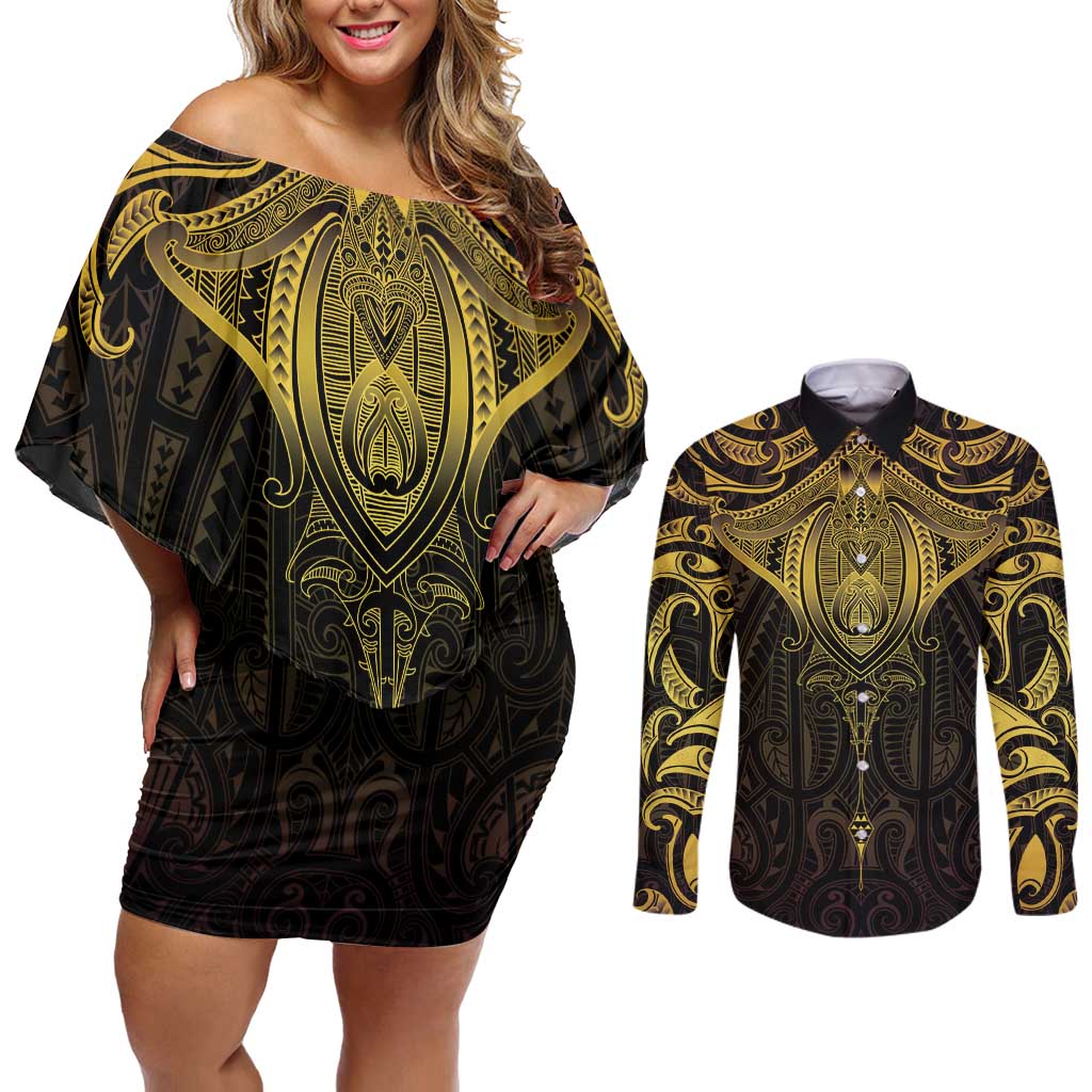 New Zealand Aotearoa Couples Matching Off Shoulder Short Dress and Long Sleeve Button Shirt Maori Manta Ray Moko Gold LT05 Gold - Polynesian Pride