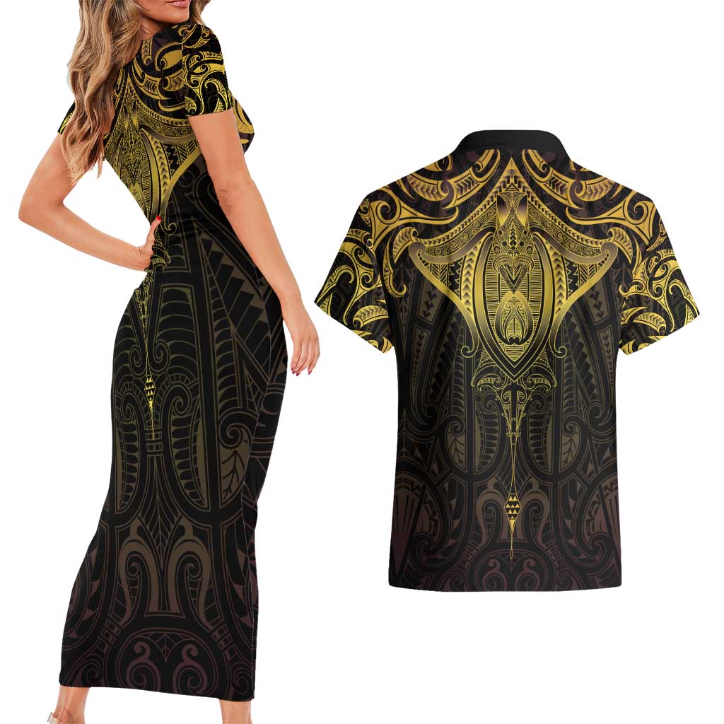 New Zealand Aotearoa Couples Matching Short Sleeve Bodycon Dress and Hawaiian Shirt Maori Manta Ray Moko Gold LT05 - Polynesian Pride