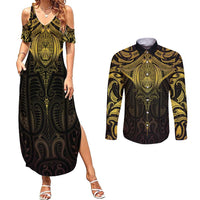 New Zealand Aotearoa Couples Matching Summer Maxi Dress and Long Sleeve Button Shirt Maori Manta Ray Moko Gold LT05 Gold - Polynesian Pride