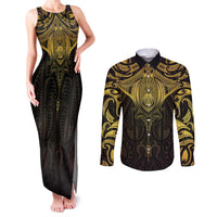 New Zealand Aotearoa Couples Matching Tank Maxi Dress and Long Sleeve Button Shirt Maori Manta Ray Moko Gold LT05 Gold - Polynesian Pride