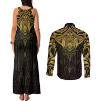 New Zealand Aotearoa Couples Matching Tank Maxi Dress and Long Sleeve Button Shirt Maori Manta Ray Moko Gold LT05 - Polynesian Pride
