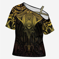 New Zealand Aotearoa Cross Shoulder Shirt Maori Manta Ray Moko Gold LT05 Female Gold - Polynesian Pride