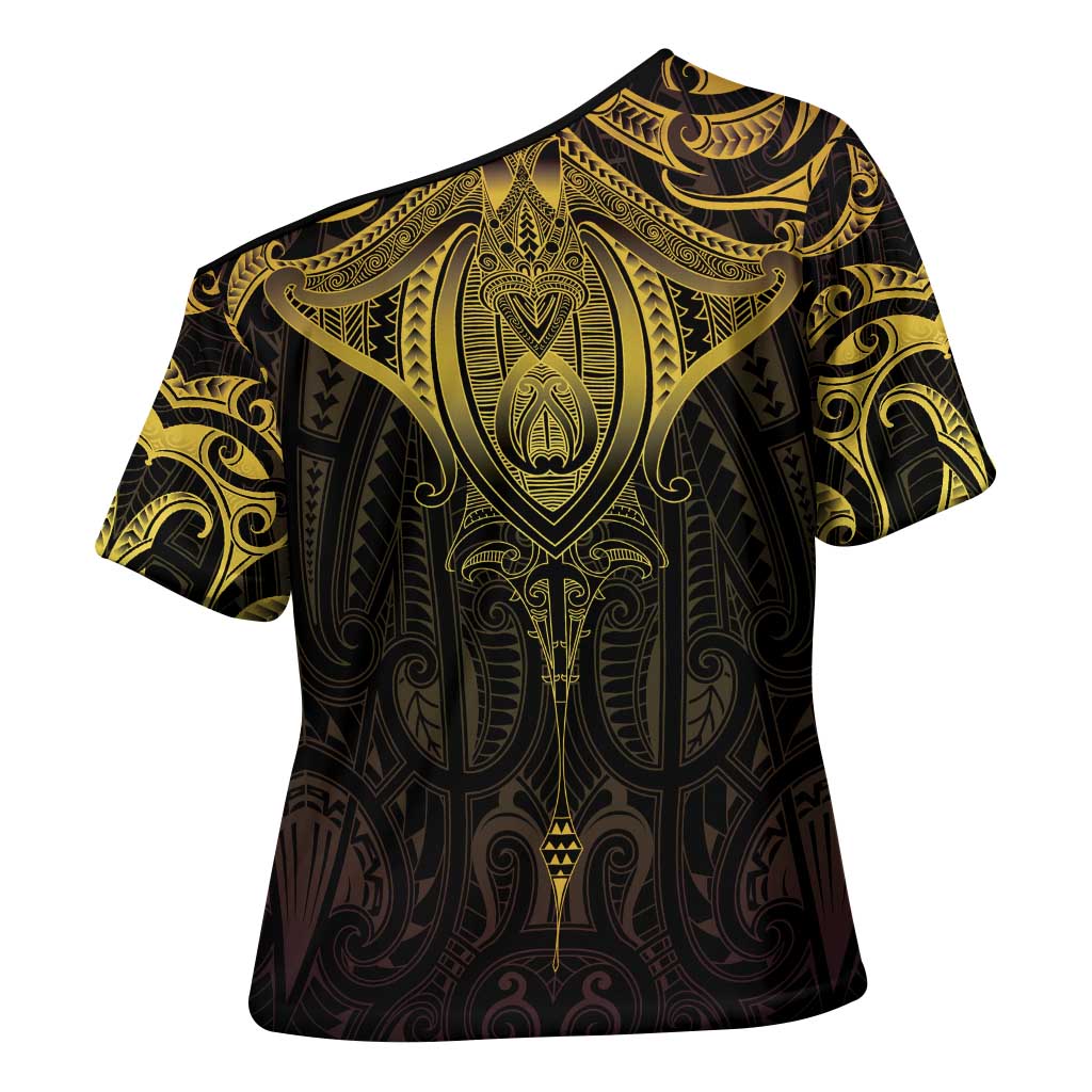 New Zealand Aotearoa Cross Shoulder Shirt Maori Manta Ray Moko Gold LT05 - Polynesian Pride