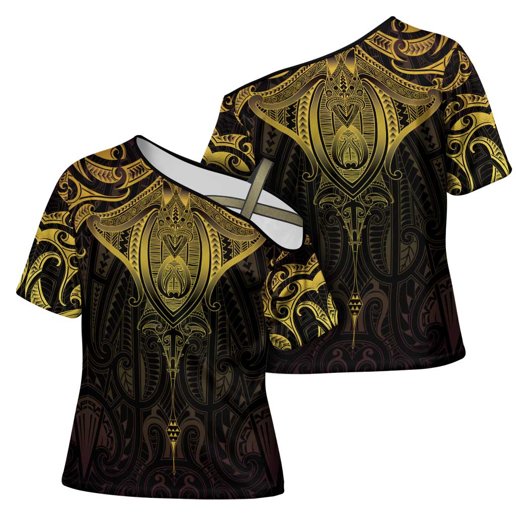 New Zealand Aotearoa Cross Shoulder Shirt Maori Manta Ray Moko Gold LT05 - Polynesian Pride