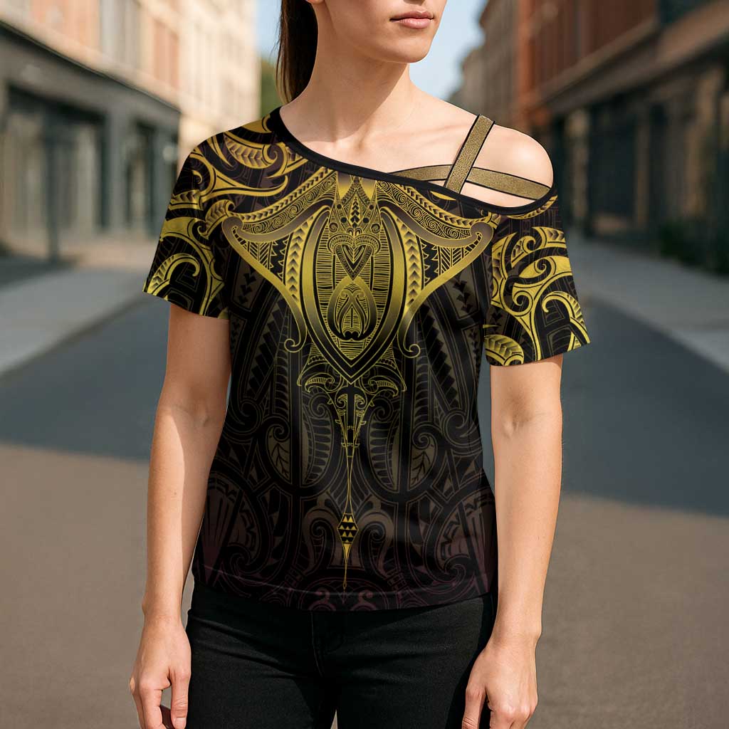 New Zealand Aotearoa Cross Shoulder Shirt Maori Manta Ray Moko Gold LT05 - Polynesian Pride