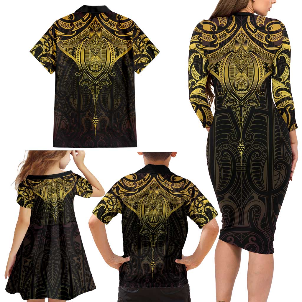 New Zealand Aotearoa Family Matching Long Sleeve Bodycon Dress and Hawaiian Shirt Maori Manta Ray Moko Gold LT05 - Polynesian Pride