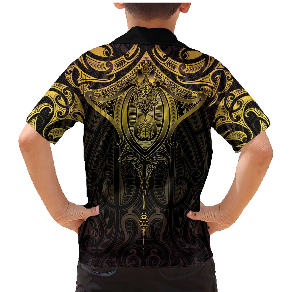 New Zealand Aotearoa Family Matching Mermaid Dress and Hawaiian Shirt Maori Manta Ray Moko Gold LT05 - Polynesian Pride