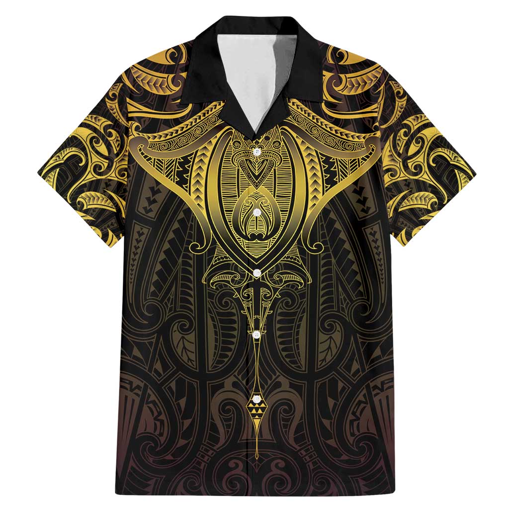 New Zealand Aotearoa Family Matching Mermaid Dress and Hawaiian Shirt Maori Manta Ray Moko Gold LT05 Dad's Shirt - Short Sleeve Gold - Polynesian Pride