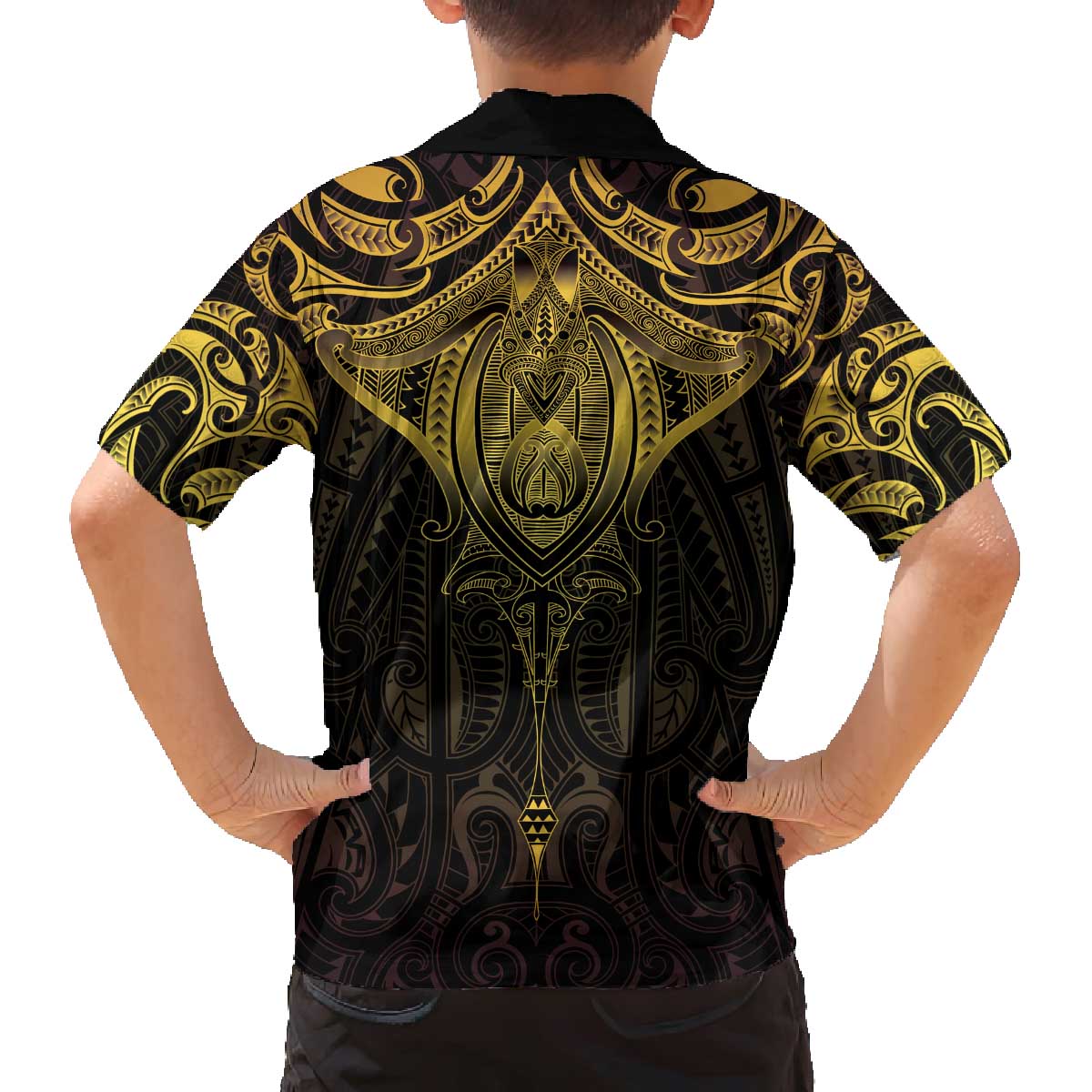 New Zealand Aotearoa Family Matching Off The Shoulder Long Sleeve Dress and Hawaiian Shirt Maori Manta Ray Moko Gold LT05 - Polynesian Pride