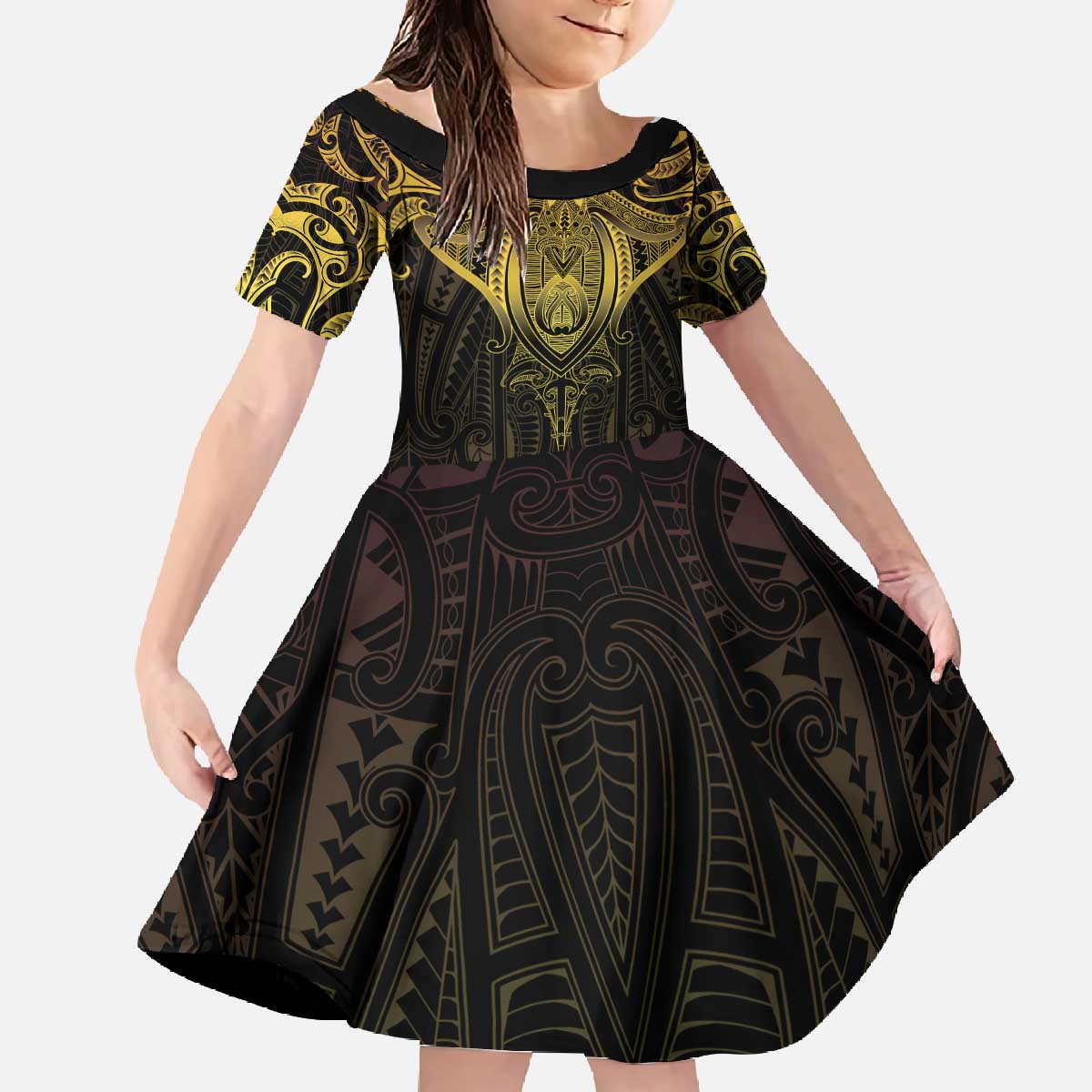 New Zealand Aotearoa Family Matching Off The Shoulder Long Sleeve Dress and Hawaiian Shirt Maori Manta Ray Moko Gold LT05 Daughter's Dress Gold - Polynesian Pride