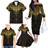 New Zealand Aotearoa Family Matching Off The Shoulder Long Sleeve Dress and Hawaiian Shirt Maori Manta Ray Moko Gold LT05 - Polynesian Pride