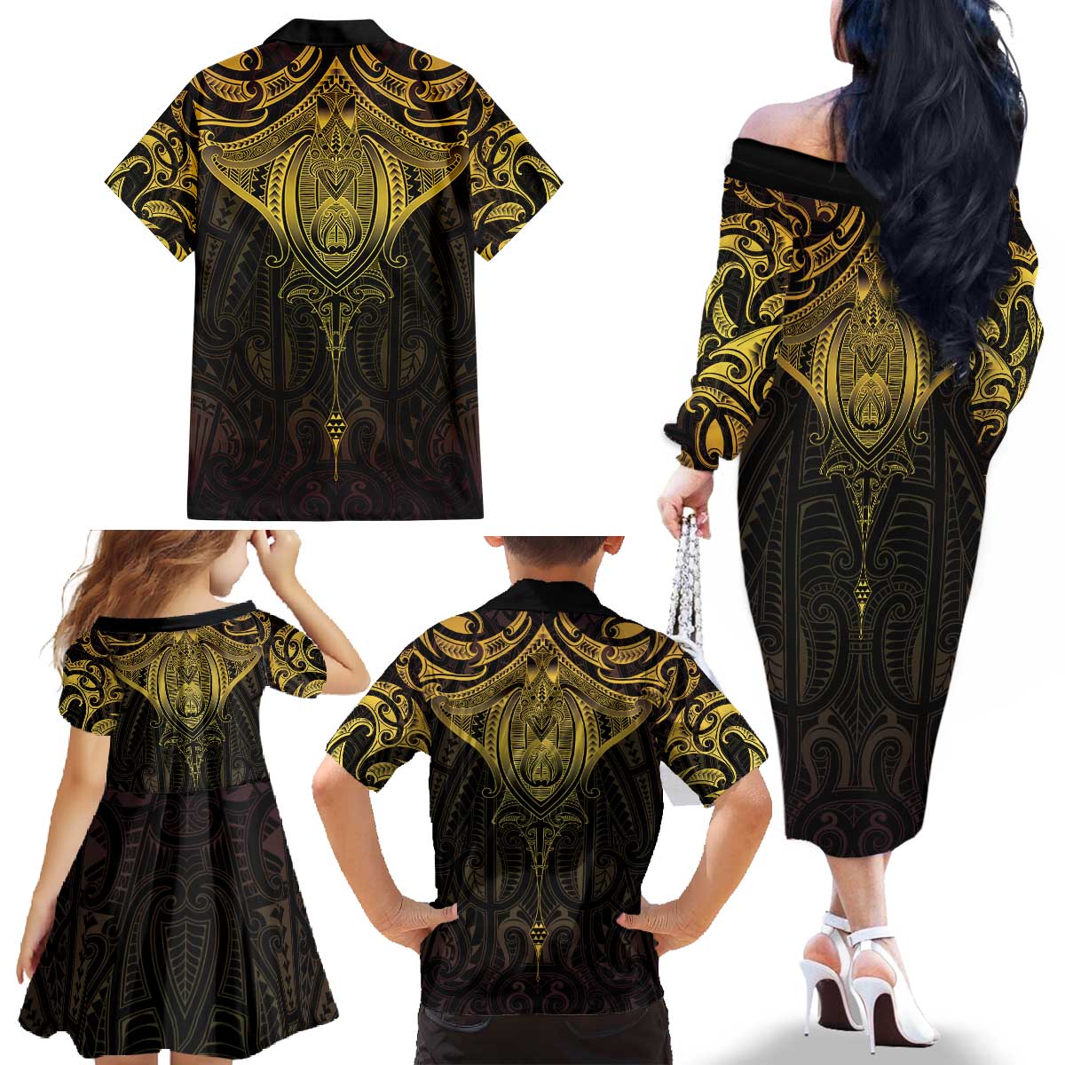 New Zealand Aotearoa Family Matching Off The Shoulder Long Sleeve Dress and Hawaiian Shirt Maori Manta Ray Moko Gold LT05 - Polynesian Pride