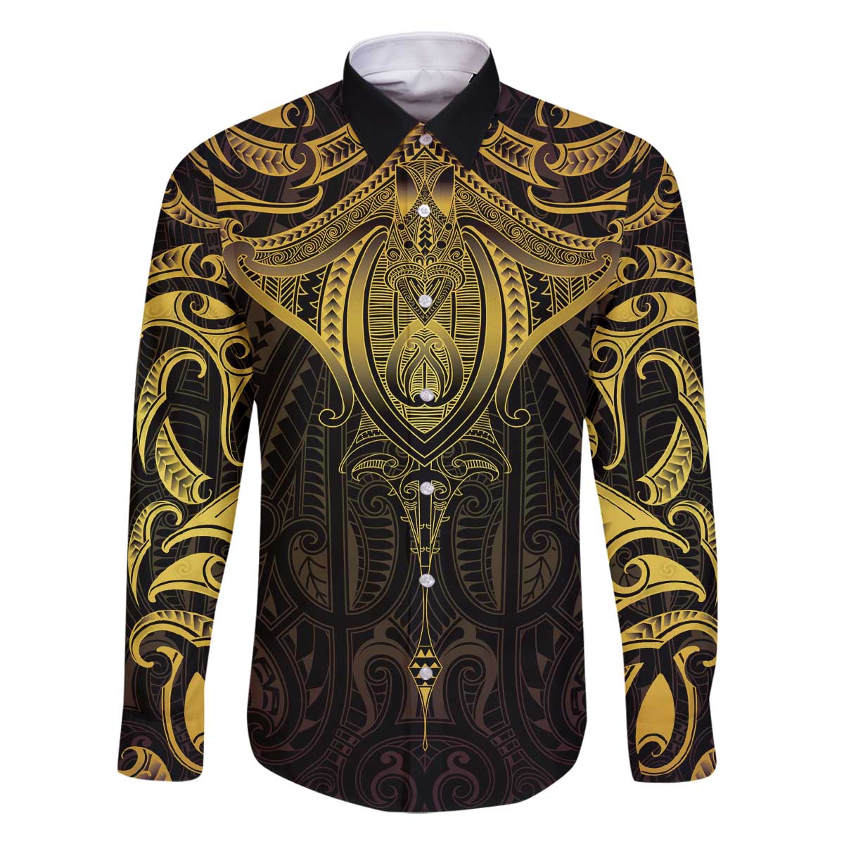 New Zealand Aotearoa Family Matching Off The Shoulder Long Sleeve Dress and Hawaiian Shirt Maori Manta Ray Moko Gold LT05 Dad's Shirt - Long Sleeve Gold - Polynesian Pride