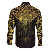 New Zealand Aotearoa Family Matching Off The Shoulder Long Sleeve Dress and Hawaiian Shirt Maori Manta Ray Moko Gold LT05 - Polynesian Pride