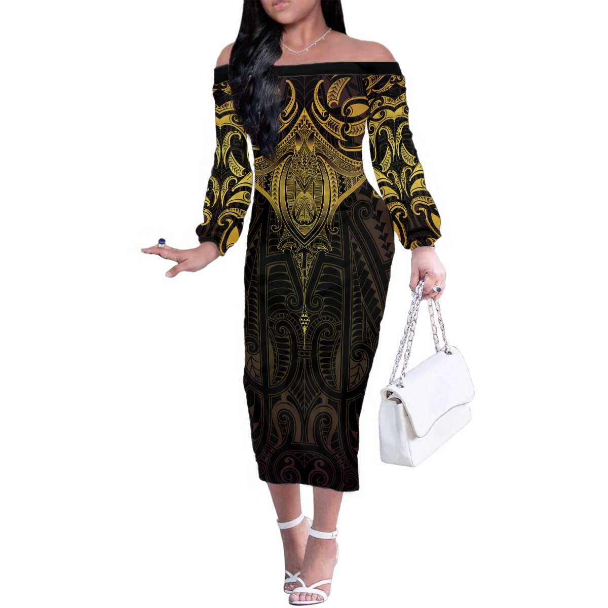New Zealand Aotearoa Family Matching Off The Shoulder Long Sleeve Dress and Hawaiian Shirt Maori Manta Ray Moko Gold LT05 Mom's Dress Gold - Polynesian Pride