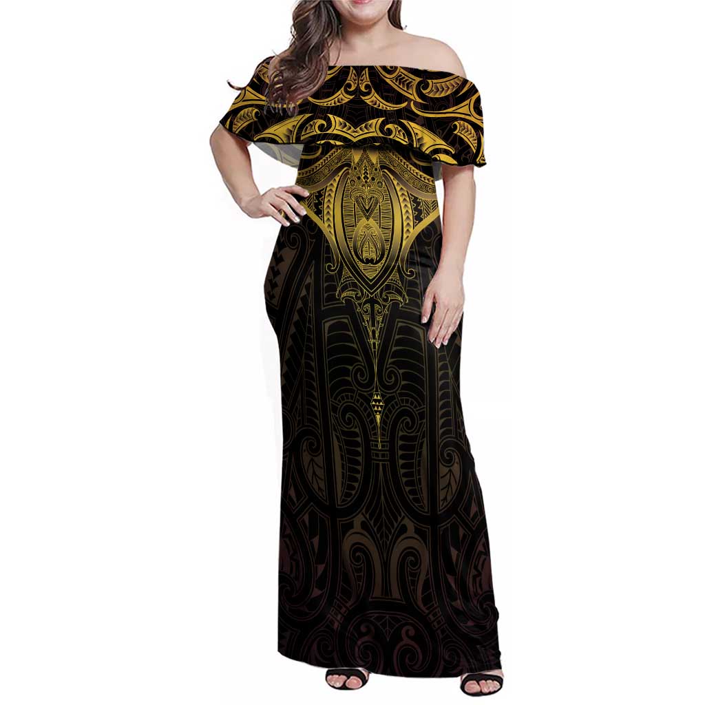 New Zealand Aotearoa Family Matching Off Shoulder Maxi Dress and Hawaiian Shirt Maori Manta Ray Moko Gold LT05 Mom's Dress Gold - Polynesian Pride