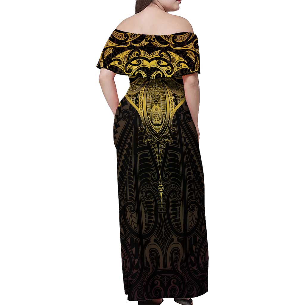 New Zealand Aotearoa Family Matching Off Shoulder Maxi Dress and Hawaiian Shirt Maori Manta Ray Moko Gold LT05 - Polynesian Pride