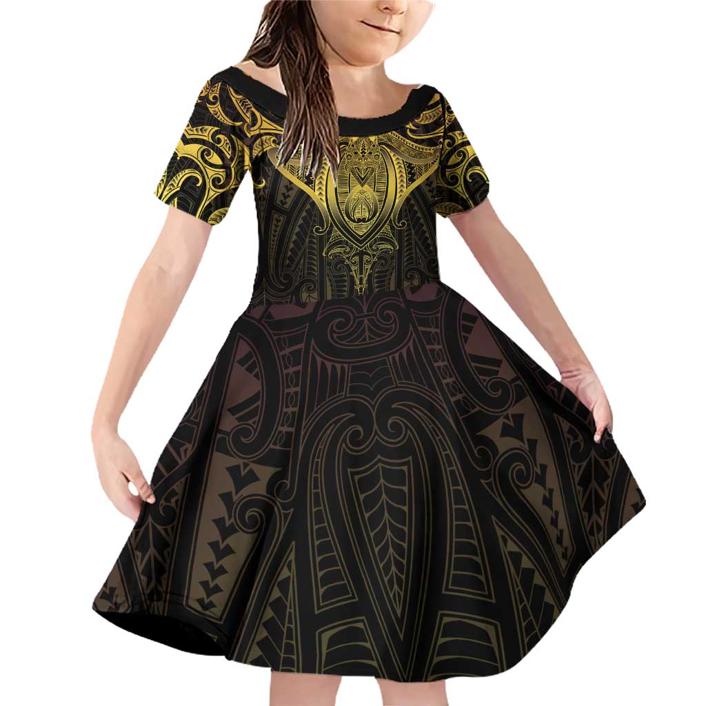 New Zealand Aotearoa Family Matching Off Shoulder Short Dress and Hawaiian Shirt Maori Manta Ray Moko Gold LT05 Daughter's Dress Gold - Polynesian Pride