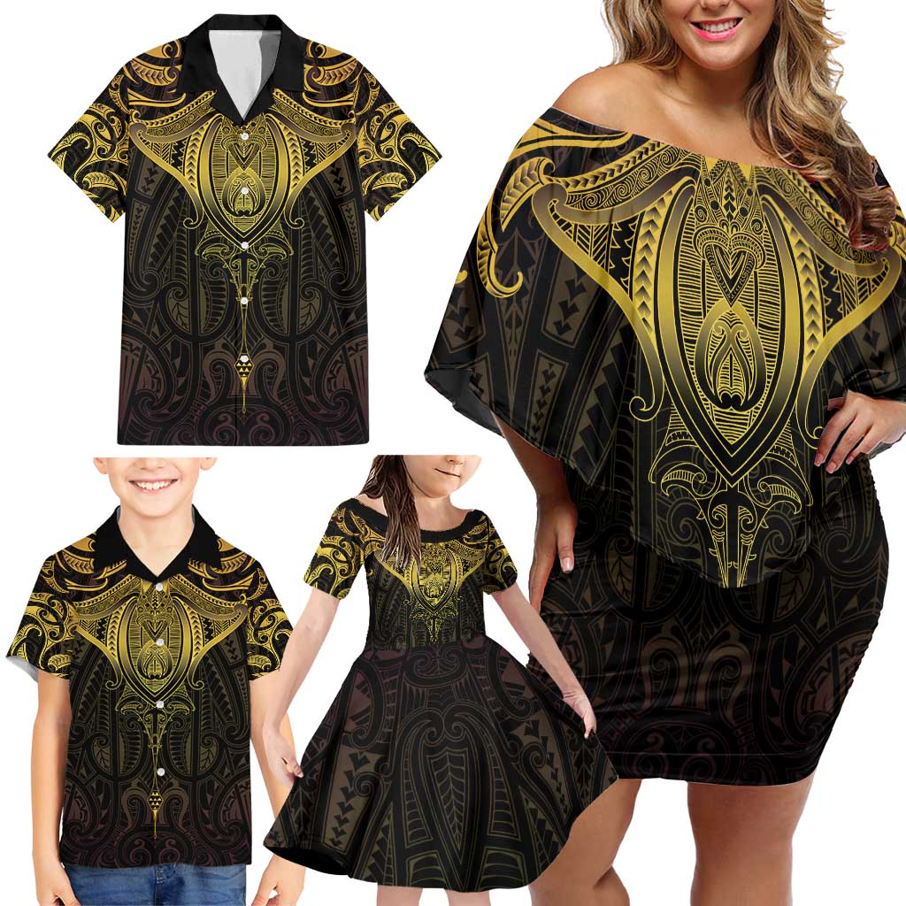 New Zealand Aotearoa Family Matching Off Shoulder Short Dress and Hawaiian Shirt Maori Manta Ray Moko Gold LT05 - Polynesian Pride