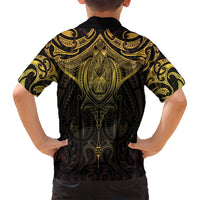 New Zealand Aotearoa Family Matching Puletasi and Hawaiian Shirt Maori Manta Ray Moko Gold LT05 - Polynesian Pride