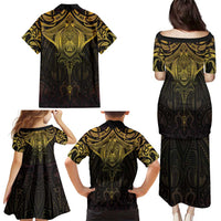 New Zealand Aotearoa Family Matching Puletasi and Hawaiian Shirt Maori Manta Ray Moko Gold LT05 - Polynesian Pride