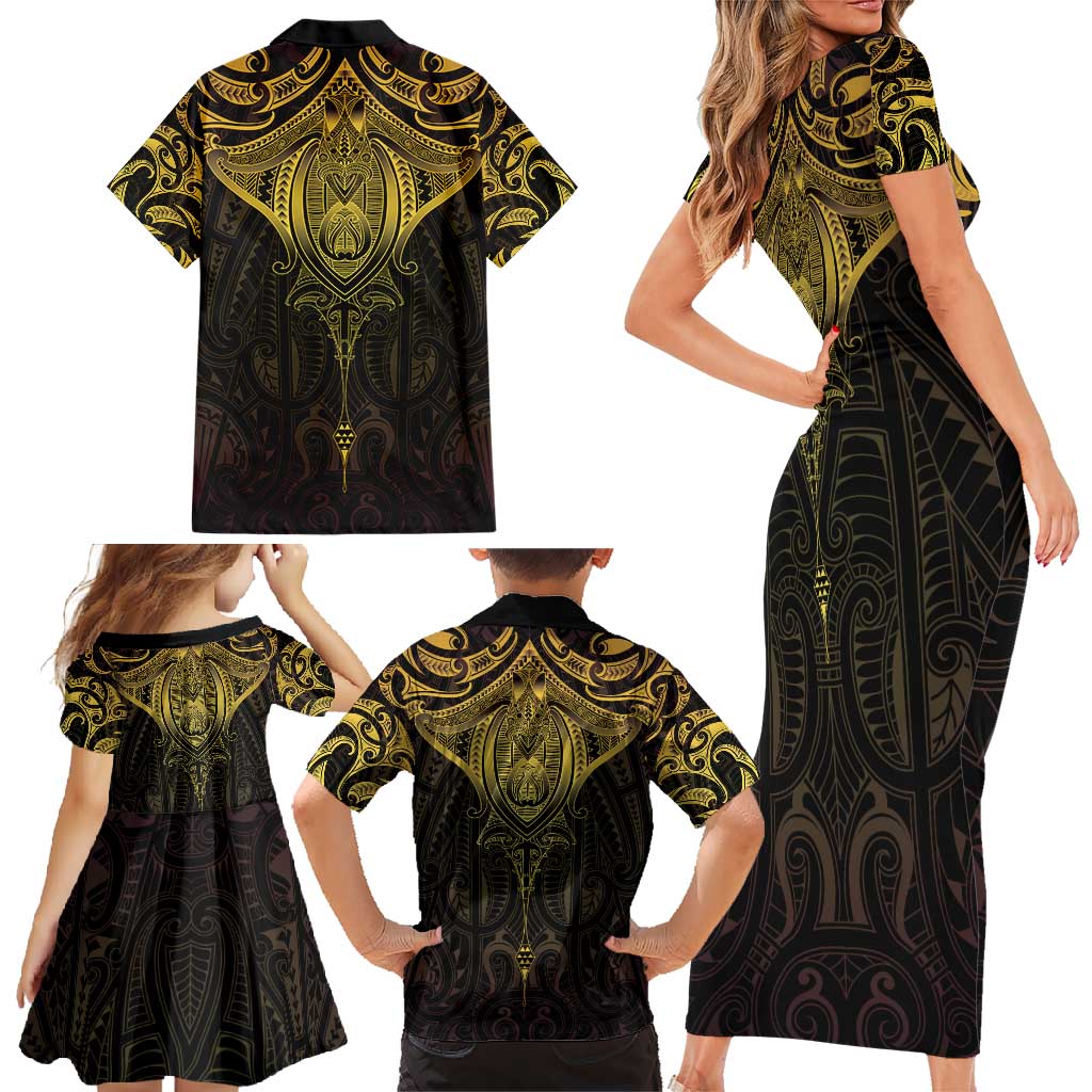 New Zealand Aotearoa Family Matching Short Sleeve Bodycon Dress and Hawaiian Shirt Maori Manta Ray Moko Gold LT05 - Polynesian Pride