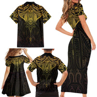 New Zealand Aotearoa Family Matching Short Sleeve Bodycon Dress and Hawaiian Shirt Maori Manta Ray Moko Gold LT05 - Polynesian Pride