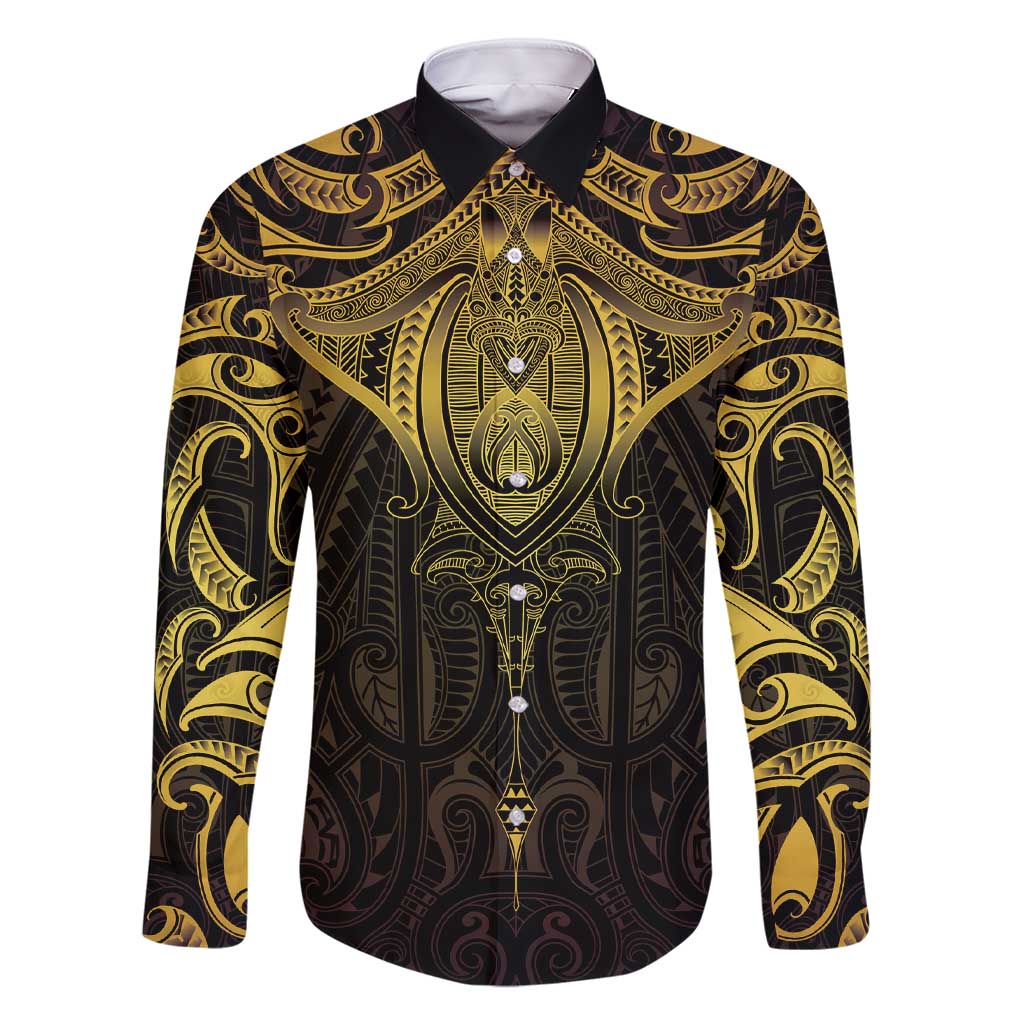 New Zealand Aotearoa Family Matching Short Sleeve Bodycon Dress and Hawaiian Shirt Maori Manta Ray Moko Gold LT05 Dad's Shirt - Long Sleeve Gold - Polynesian Pride