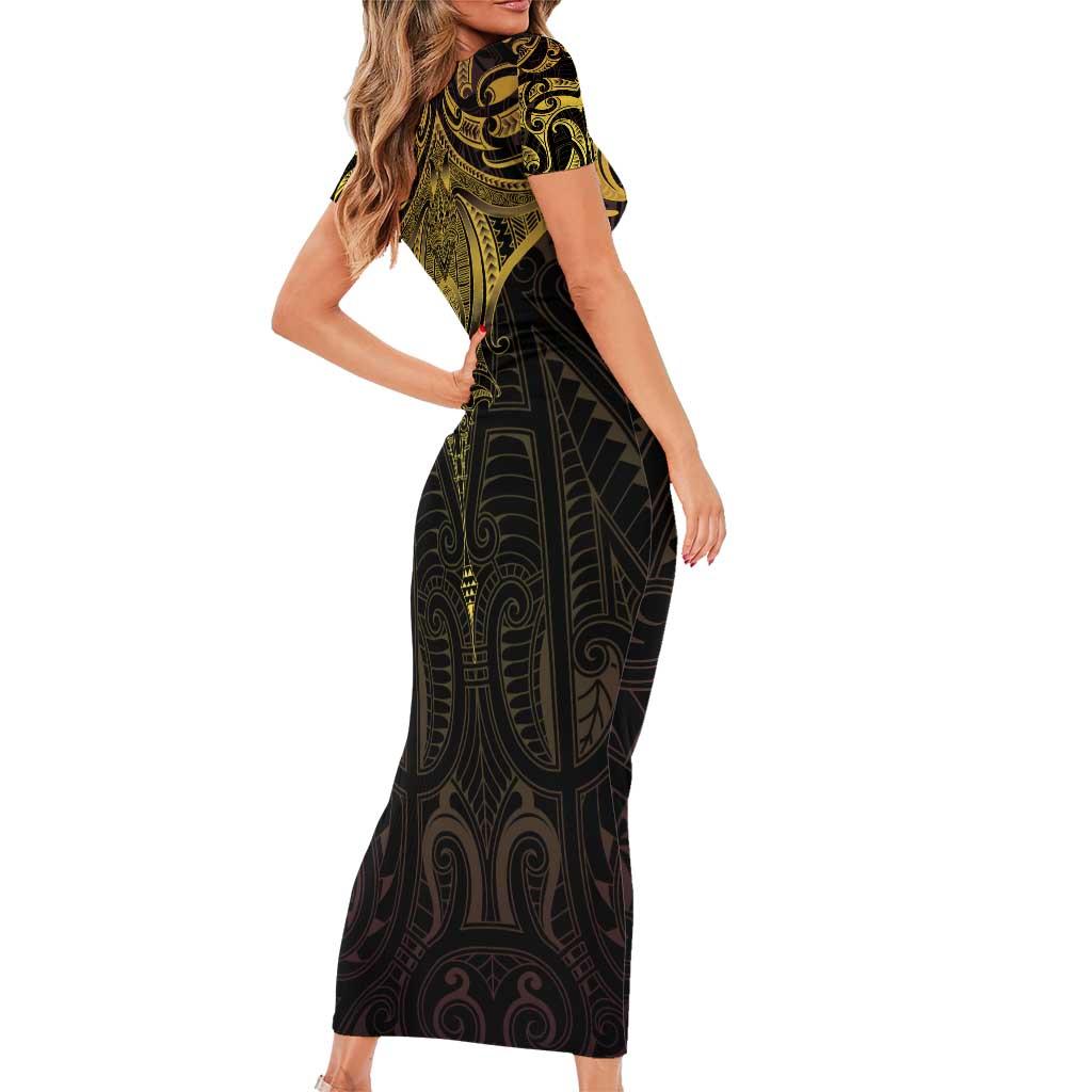 New Zealand Aotearoa Family Matching Short Sleeve Bodycon Dress and Hawaiian Shirt Maori Manta Ray Moko Gold LT05 - Polynesian Pride