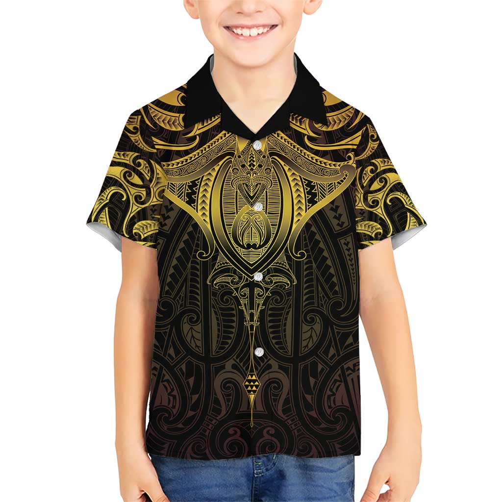 New Zealand Aotearoa Family Matching Short Sleeve Bodycon Dress and Hawaiian Shirt Maori Manta Ray Moko Gold LT05 Son's Shirt Gold - Polynesian Pride