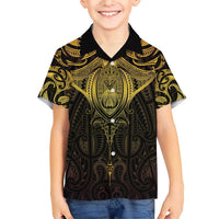 New Zealand Aotearoa Family Matching Short Sleeve Bodycon Dress and Hawaiian Shirt Maori Manta Ray Moko Gold LT05 Son's Shirt Gold - Polynesian Pride