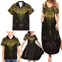 New Zealand Aotearoa Family Matching Summer Maxi Dress and Hawaiian Shirt Maori Manta Ray Moko Gold LT05 - Polynesian Pride