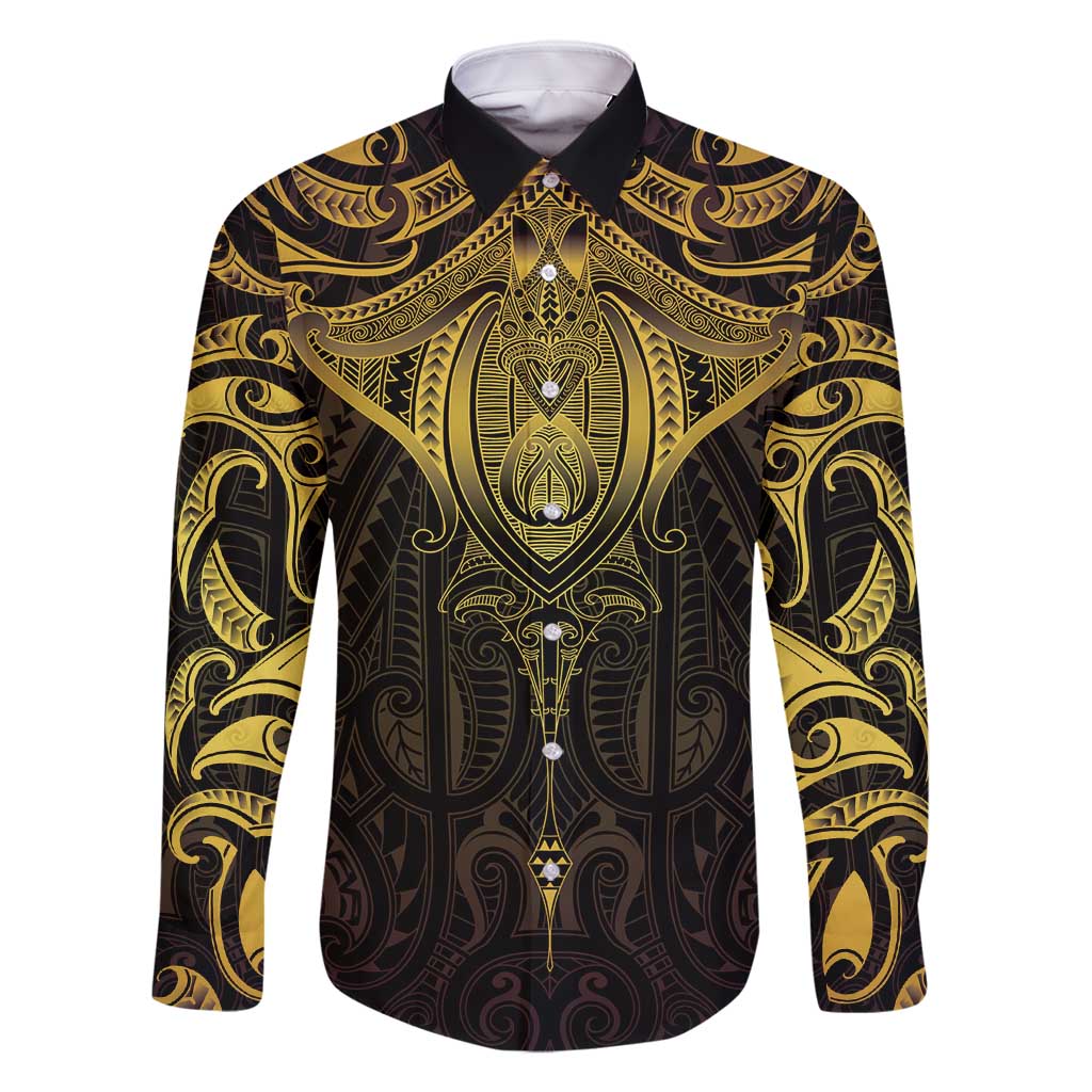 New Zealand Aotearoa Family Matching Tank Maxi Dress and Hawaiian Shirt Maori Manta Ray Moko Gold LT05 Dad's Shirt - Long Sleeve Gold - Polynesian Pride
