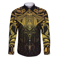 New Zealand Aotearoa Family Matching Tank Maxi Dress and Hawaiian Shirt Maori Manta Ray Moko Gold LT05 Dad's Shirt - Long Sleeve Gold - Polynesian Pride