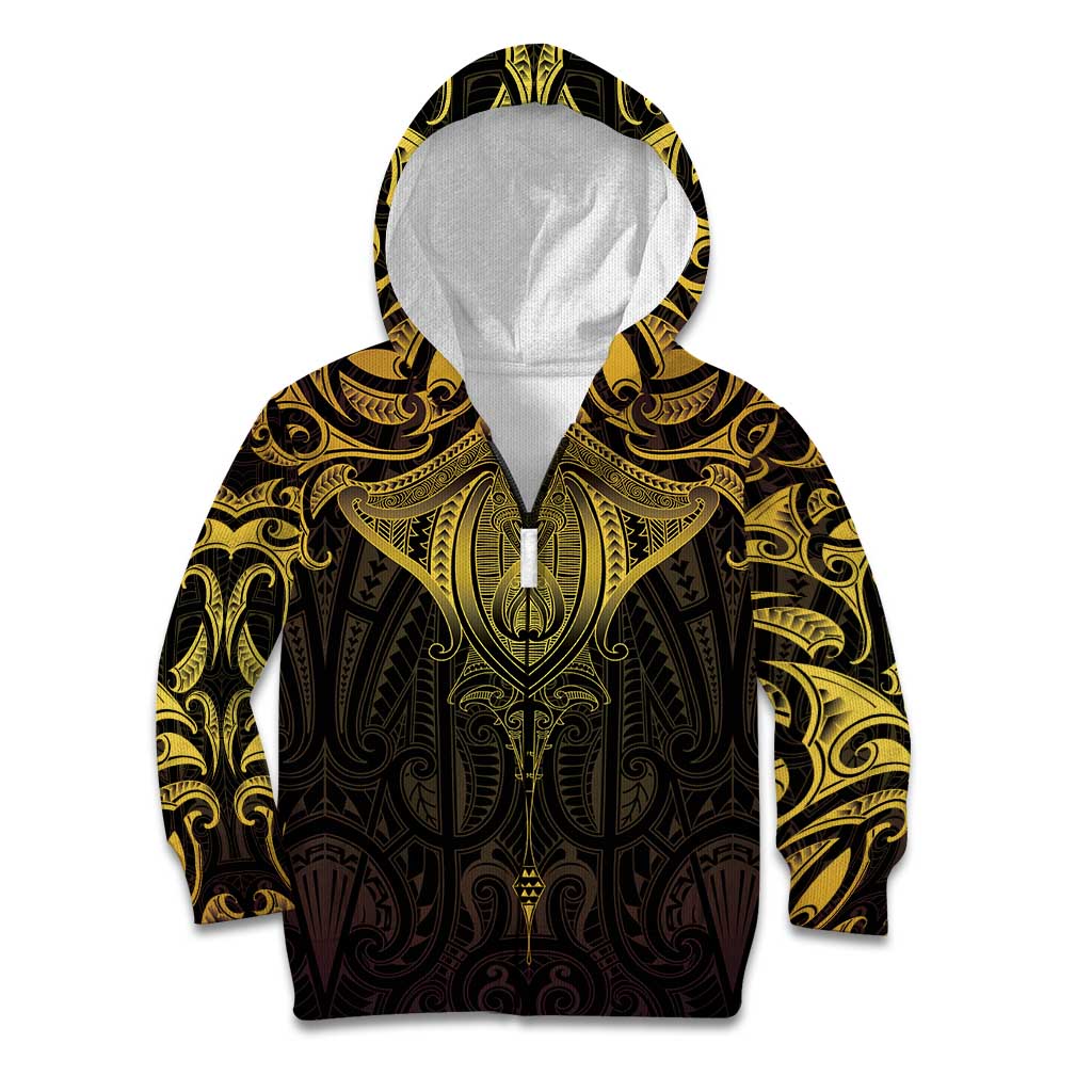 New Zealand Aotearoa Kid Hoodie Maori Manta Ray Moko Gold LT05 Zip Hoodie Gold - Polynesian Pride