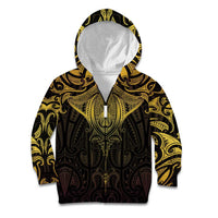 New Zealand Aotearoa Kid Hoodie Maori Manta Ray Moko Gold LT05 Zip Hoodie Gold - Polynesian Pride
