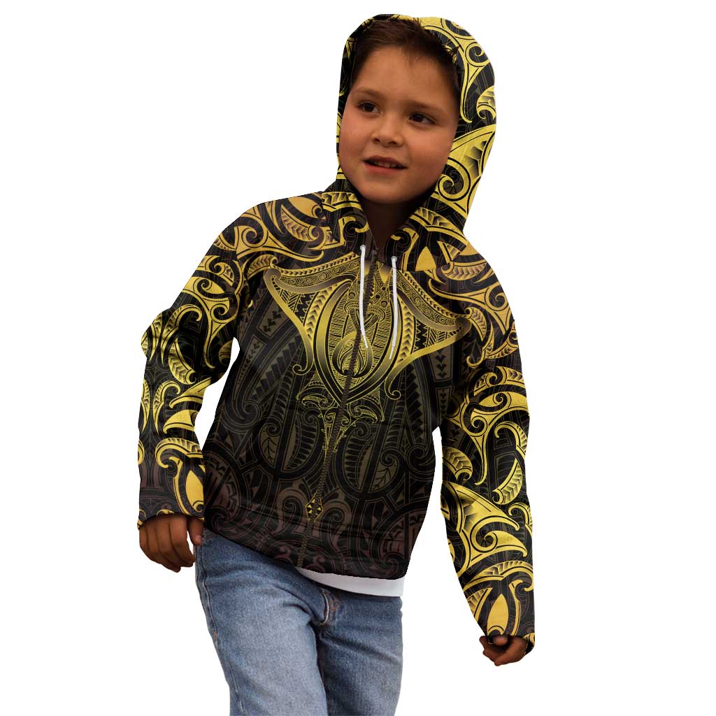New Zealand Aotearoa Kid Hoodie Maori Manta Ray Moko Gold LT05 - Polynesian Pride