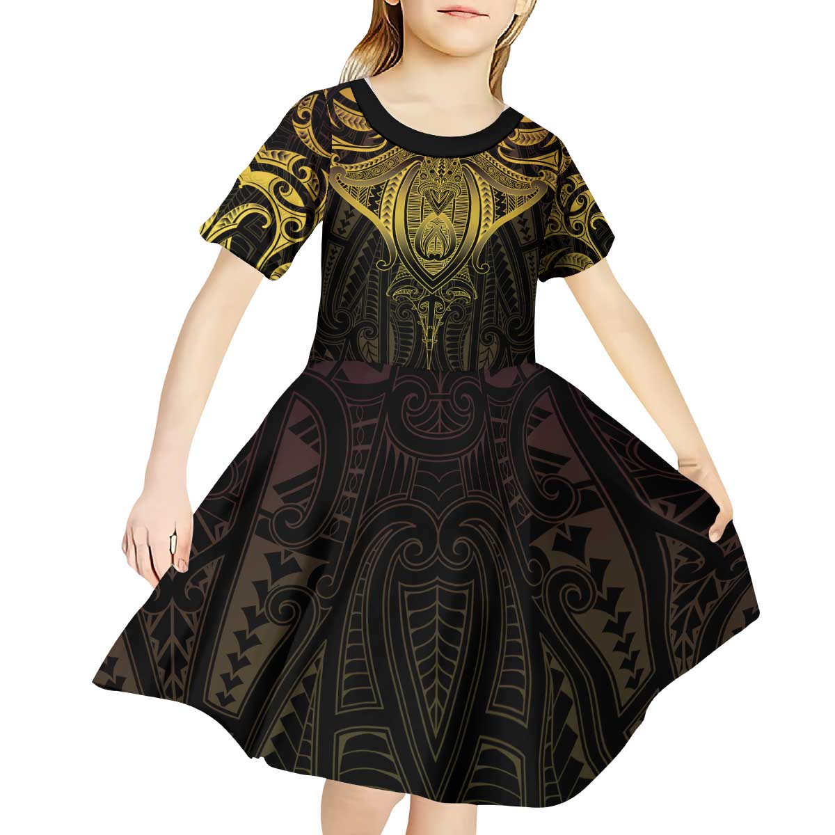 New Zealand Aotearoa Kid Short Sleeve Dress Maori Manta Ray Moko Gold LT05 - Polynesian Pride