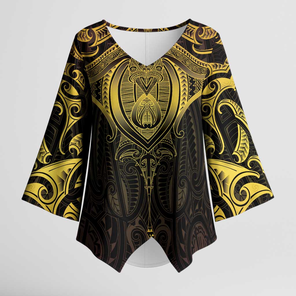 New Zealand Aotearoa Kimono Sleeve Blouse Maori Manta Ray Moko Gold LT05 Female Gold - Polynesian Pride
