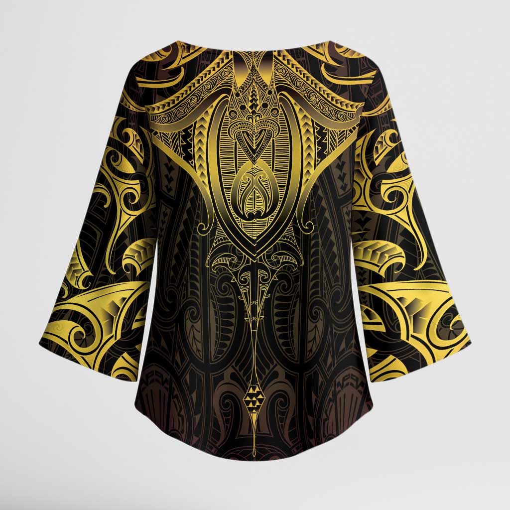 New Zealand Aotearoa Kimono Sleeve Blouse Maori Manta Ray Moko Gold LT05 - Polynesian Pride