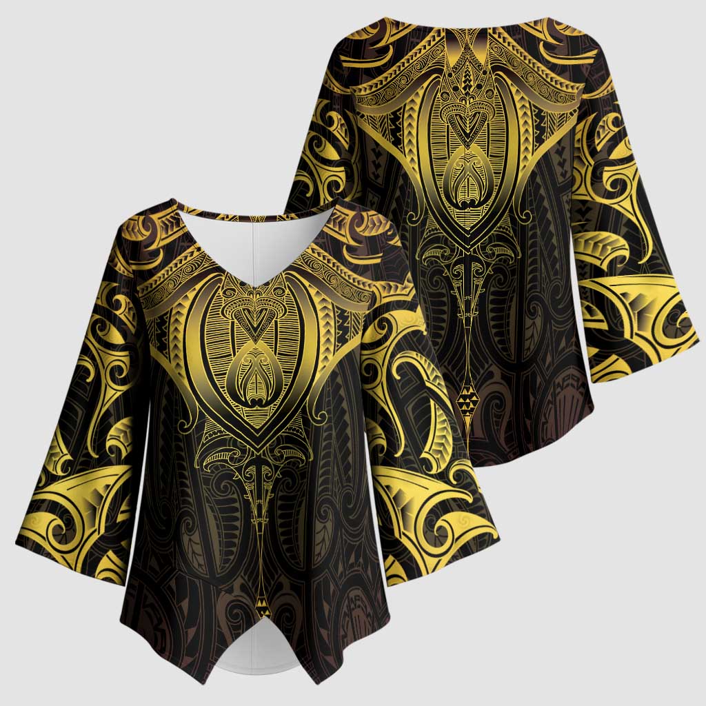 New Zealand Aotearoa Kimono Sleeve Blouse Maori Manta Ray Moko Gold LT05 - Polynesian Pride