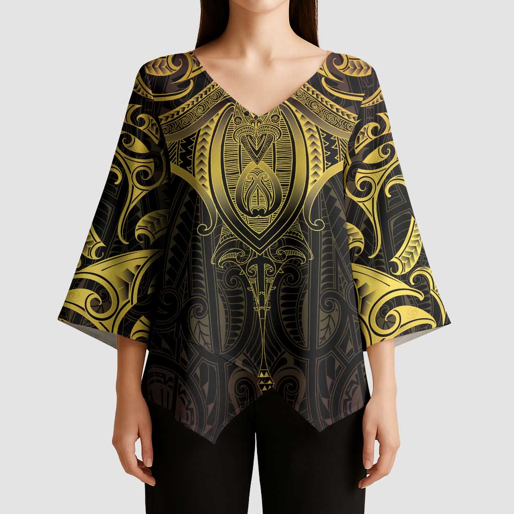 New Zealand Aotearoa Kimono Sleeve Blouse Maori Manta Ray Moko Gold LT05 - Polynesian Pride