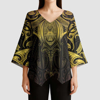 New Zealand Aotearoa Kimono Sleeve Blouse Maori Manta Ray Moko Gold LT05 - Polynesian Pride