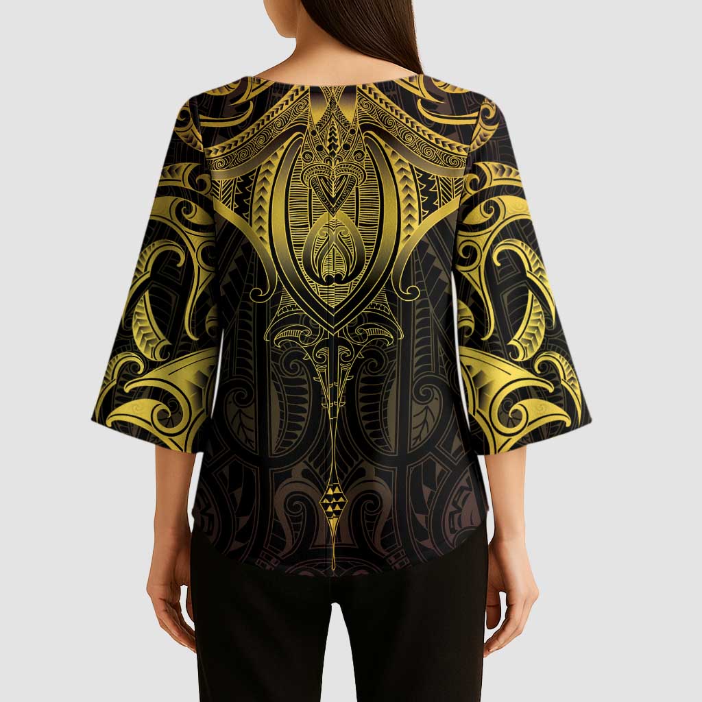 New Zealand Aotearoa Kimono Sleeve Blouse Maori Manta Ray Moko Gold LT05 - Polynesian Pride