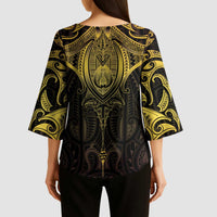 New Zealand Aotearoa Kimono Sleeve Blouse Maori Manta Ray Moko Gold LT05 - Polynesian Pride